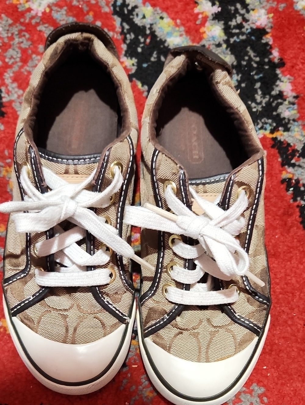 Coach Kids Beige Logo Canvas Sneakers with White Laces